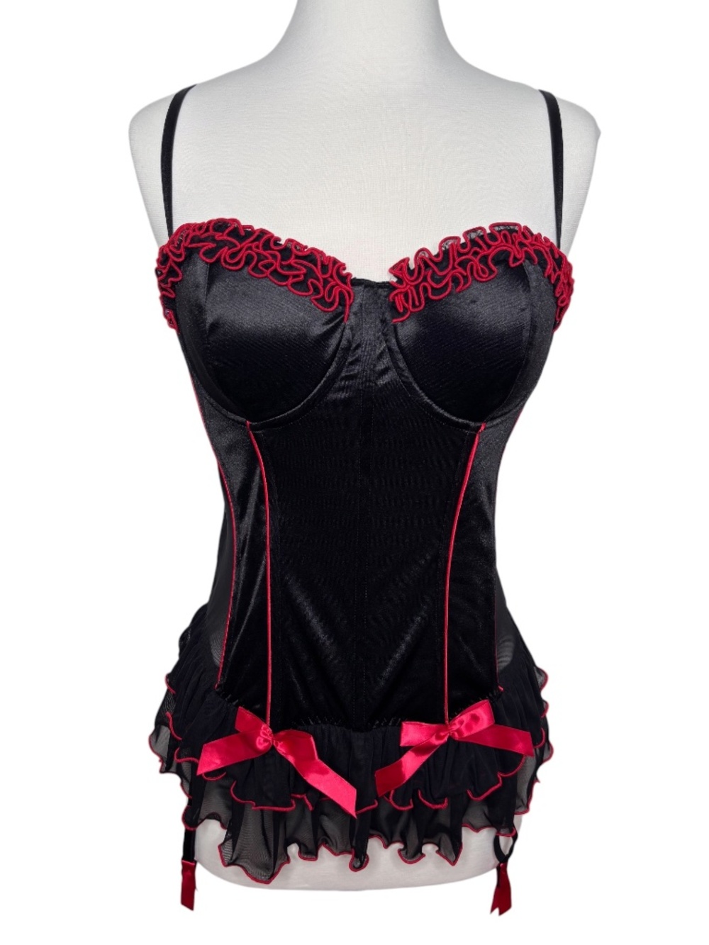 Frederick's of Hollywood Black Satin Red Trim Bows Goth Corset Top Size 38 / L